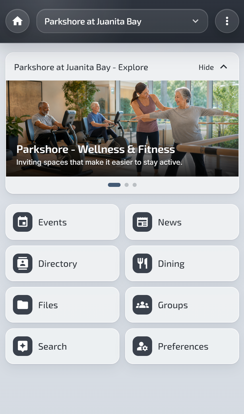 Parkshore at Juanita Bay app screen with Events, News, Directory, Dining, Media, Groups, Search, and Preferences