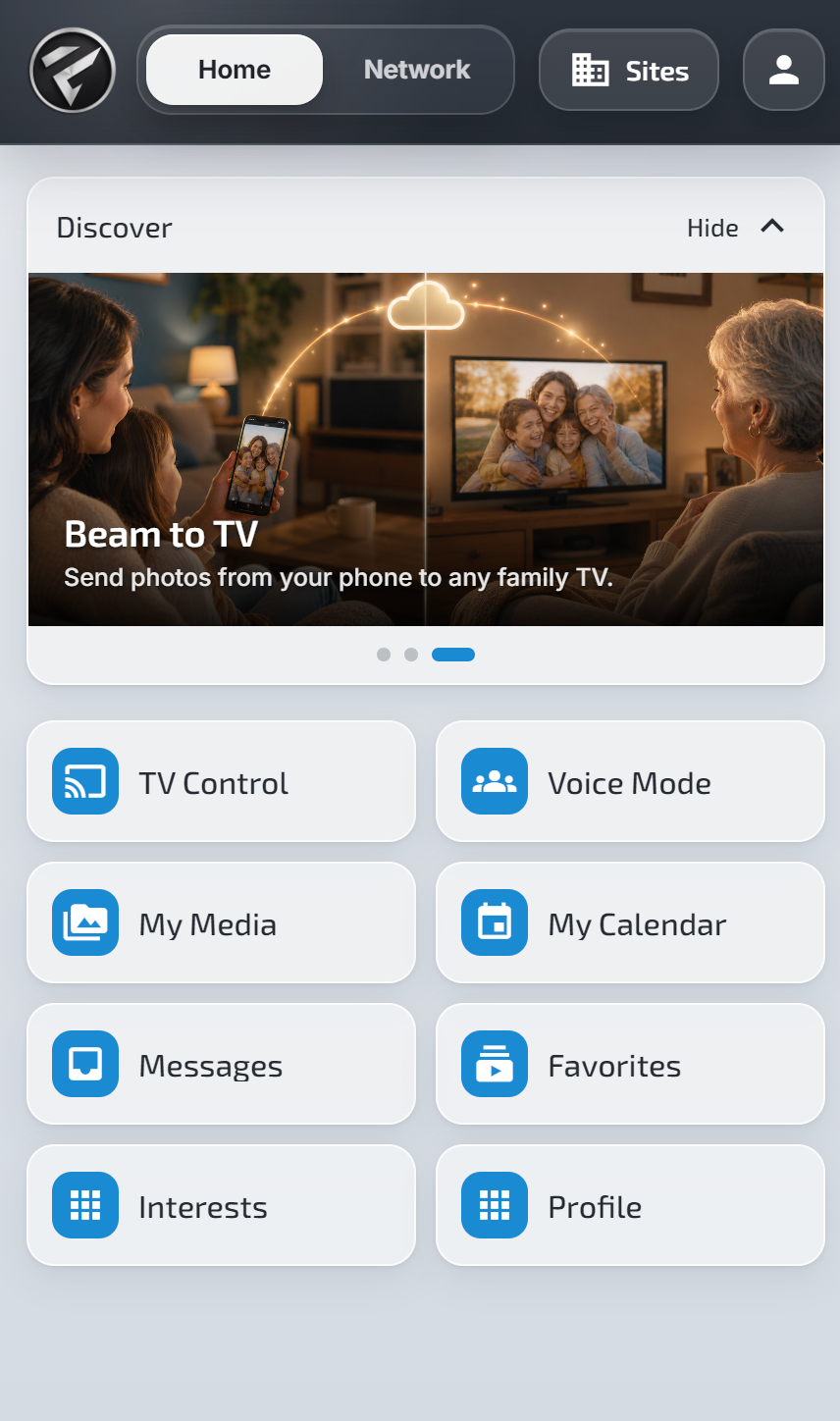 App Home screen with Beam to TV, TV Control, Voice Mode, My Media, My Calendar, Messages, Favorites, Interests, and Profile
